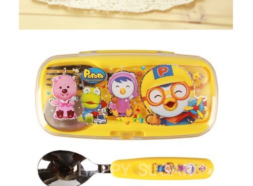 Pororo Cutie Spoon & Fork Set with Hard Case, compact travel-ready utensils