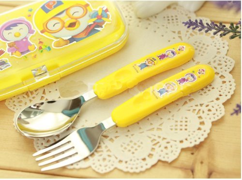 Pororo Cutie Spoon & Fork Set in open hard case, easy access for meals