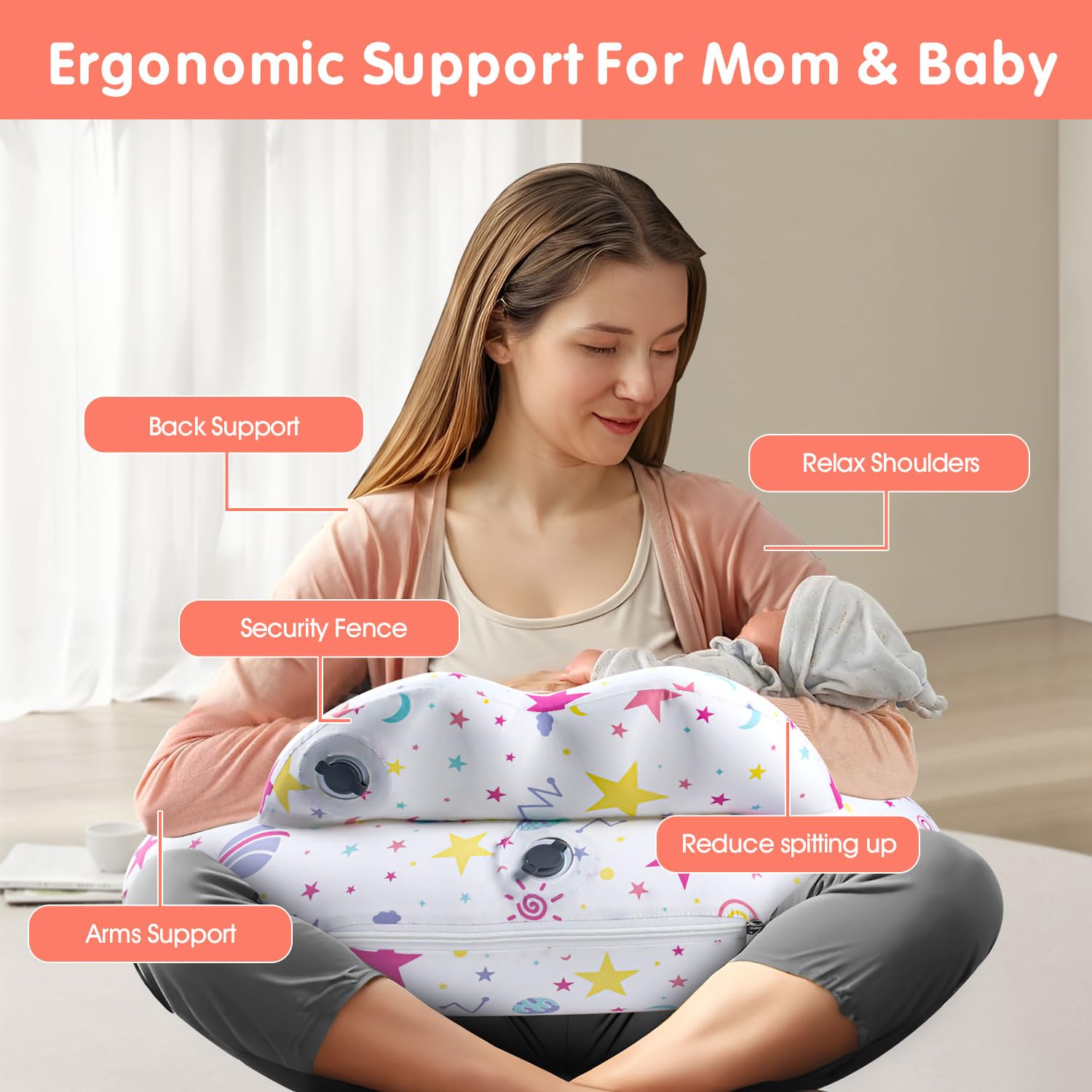 Portabuddy pillow measures 24.4 L x 29.5 W x 9.8 H inches for full arm support.