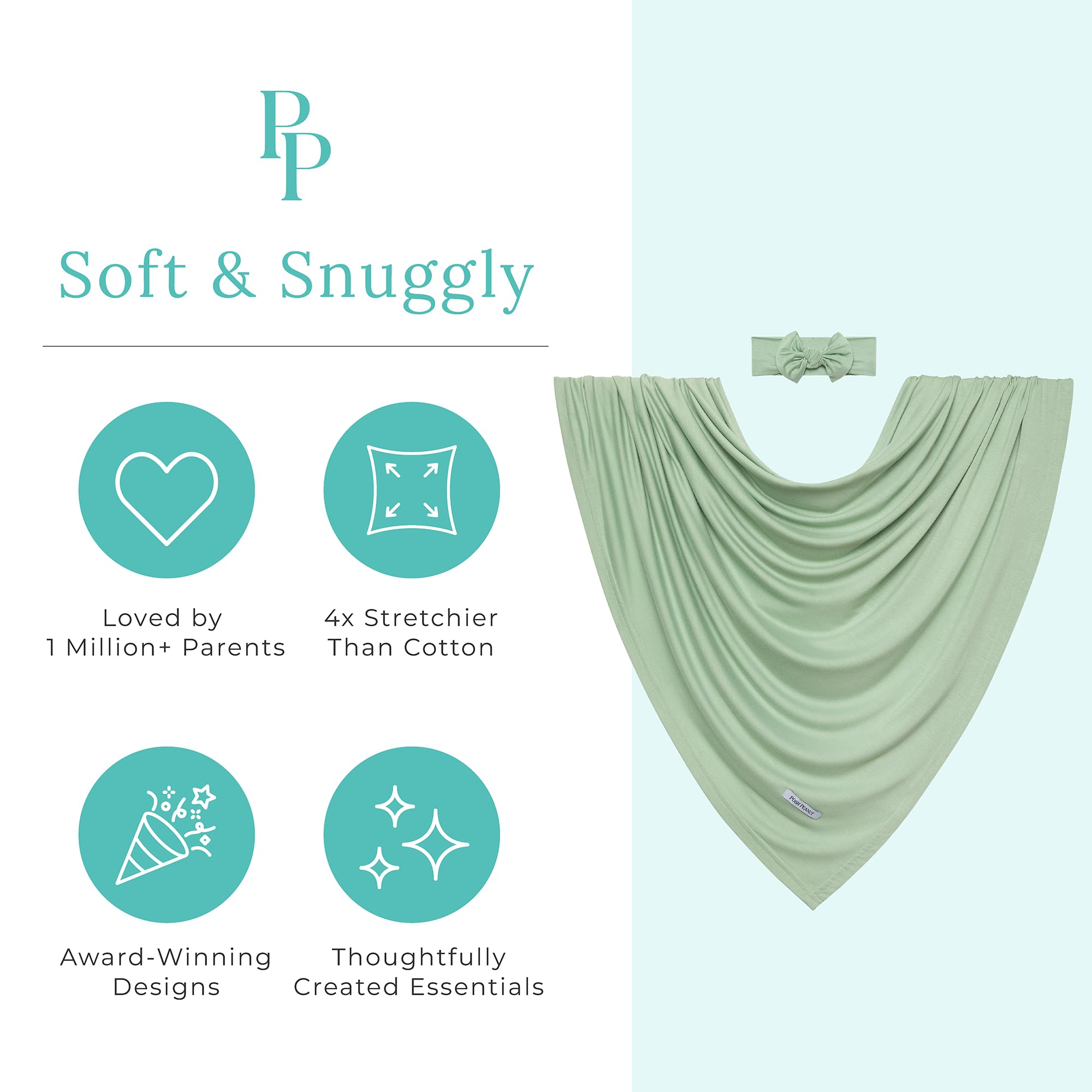 Posh Peanut Sage headband set closeup showcases stretchy, comfy fit for newborn outfits.