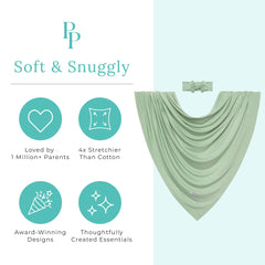 Posh Peanut Sage headband set closeup showcases stretchy, comfy fit for newborn outfits.