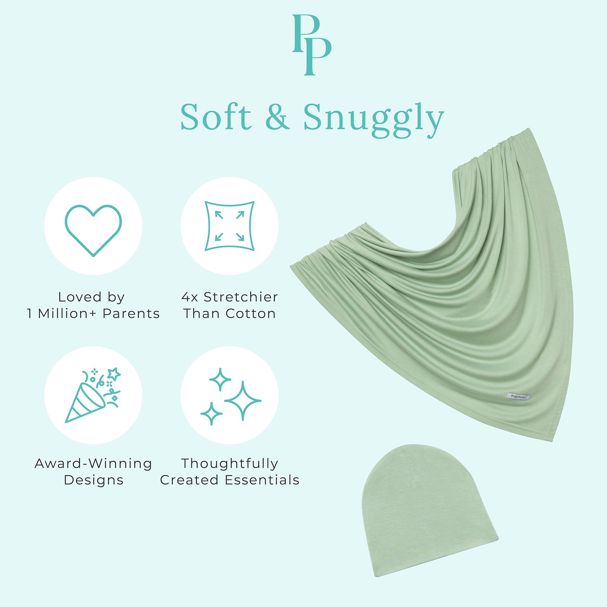 Posh Peanut Sage newborn wrapped swaddle demonstrates snug secure wrap for comfort