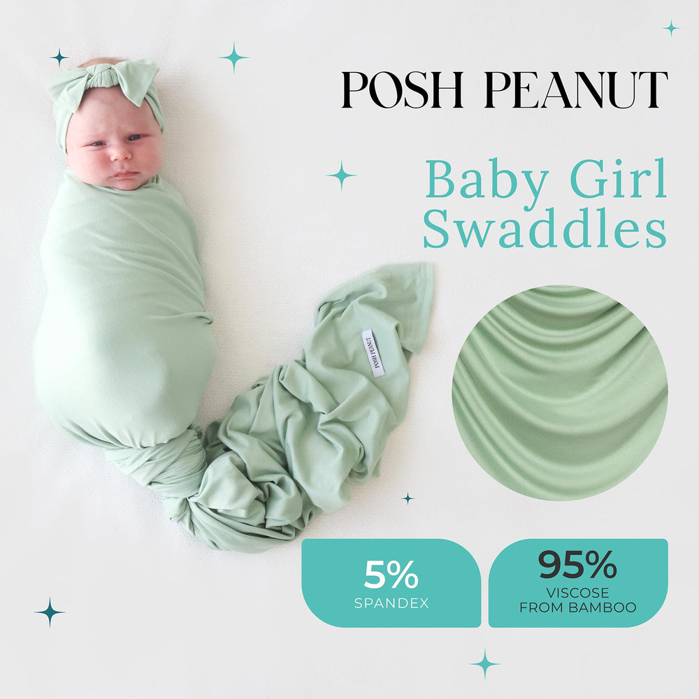 Posh Peanut Sage swaddle pattern montage highlights vibrant prints for stylish baby photos.