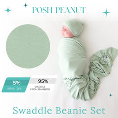 Posh Peanut Sage swaddle set with beanie demonstrates coordinated gift ready newborn outfit