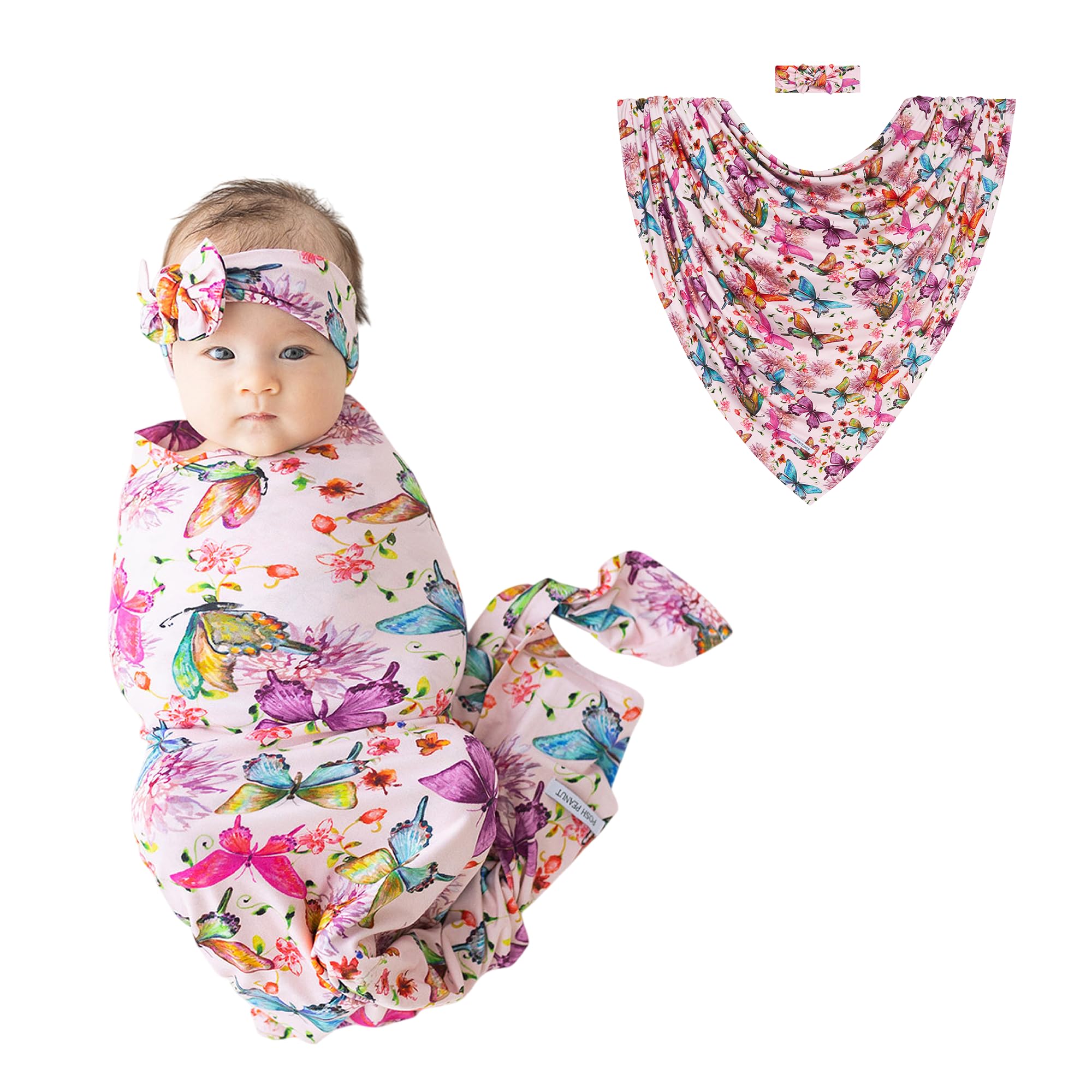 Posh Peanut swaddle blanket with watercolor butterfly print for newborn comfort