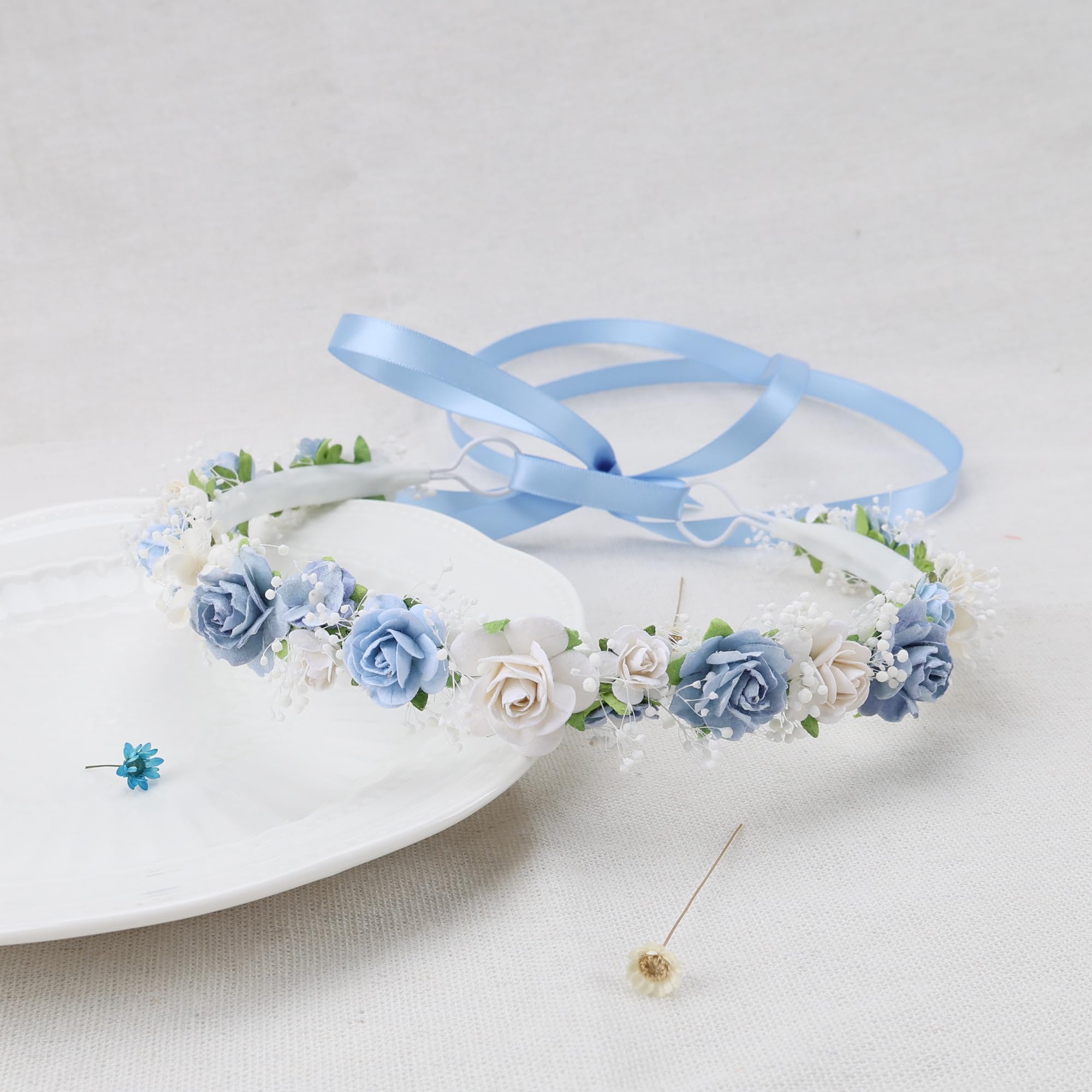 PoshMyra dusty blue crown detail showing preserved baby's breath for lasting elegance