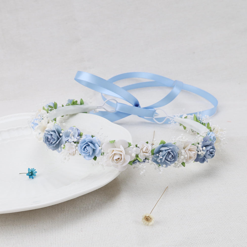 PoshMyra dusty blue crown detail showing preserved baby's breath for lasting elegance