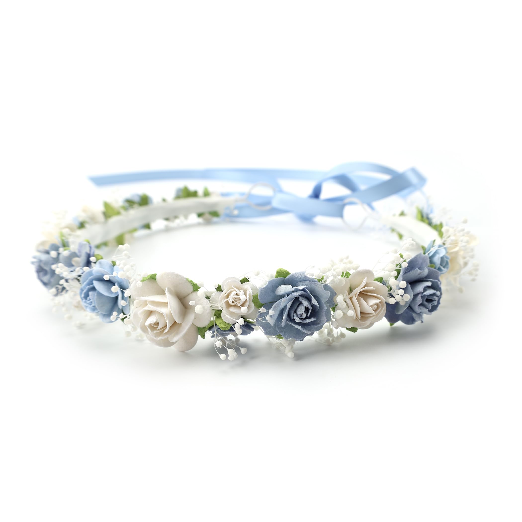 PoshMyra dusty blue flower crown front view with paper blooms for photo-ready style