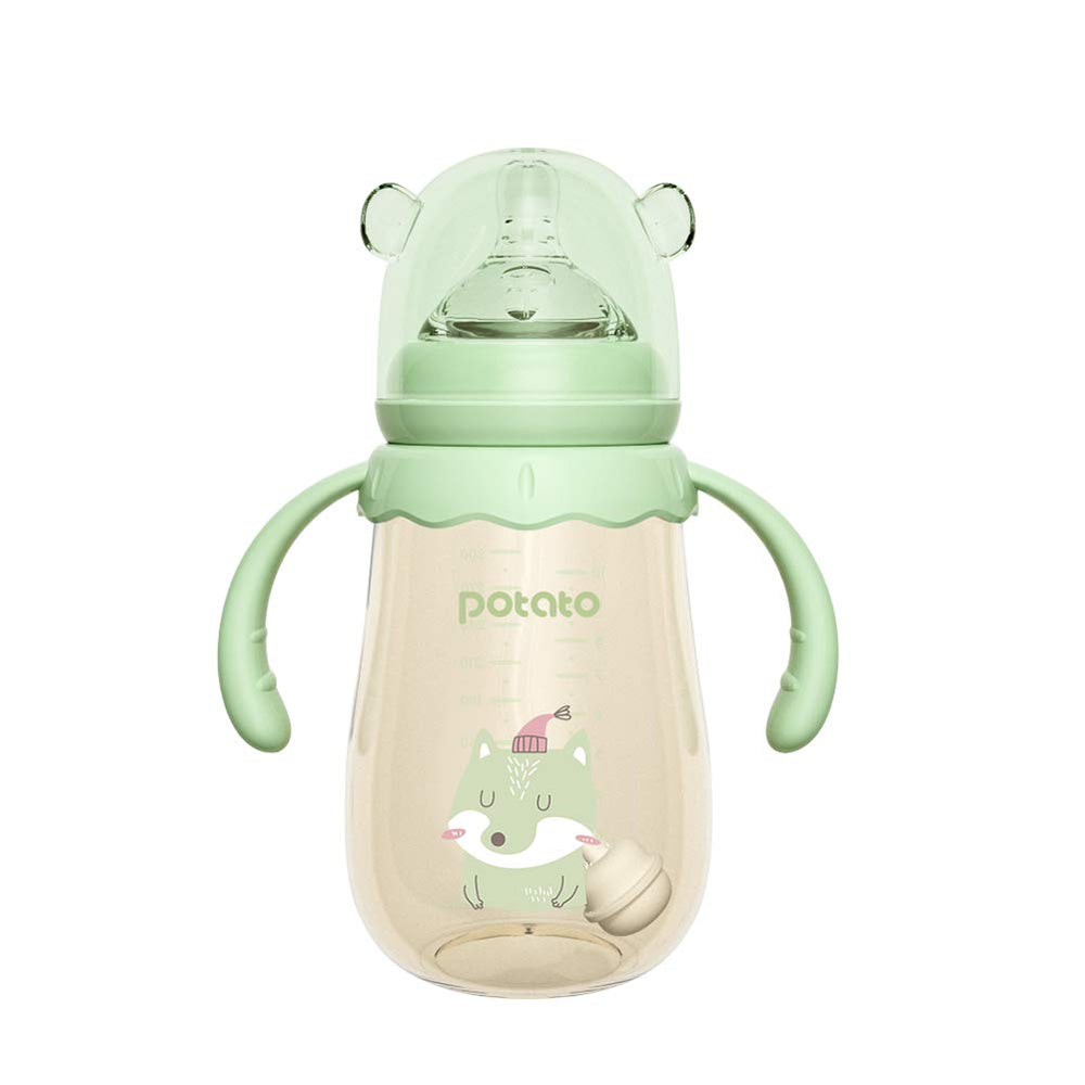 Potato baby bottle front ergonomic design supports comfortable grip during feeding.