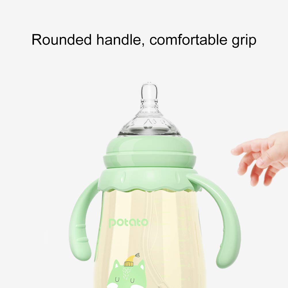 Potato bottle rotating handle helps protect little wrists during feeding sessions.