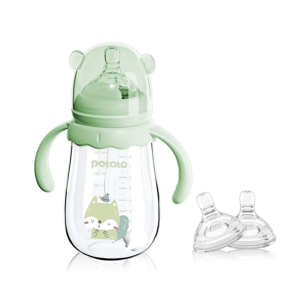 POTATO glass baby bottle close-up highlights durable borosilicate glass for safe feeding