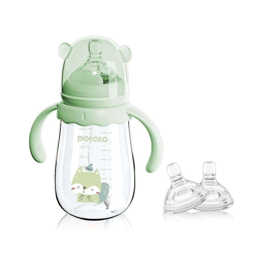 POTATO glass baby bottle close-up highlights durable borosilicate glass for safe feeding