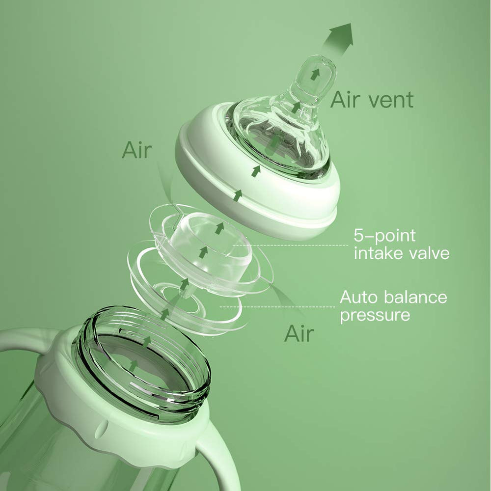 POTATO glass bottle with fast-flow nipple demonstrates anti-colic design for steady feeding