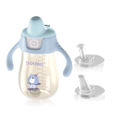 POTATO Sippy Cup blue handle closeup shows easy grip for tiny hands.