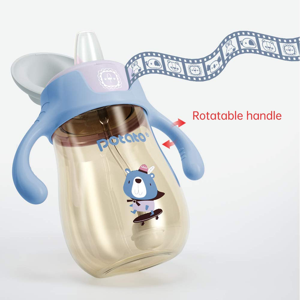 POTATO sippy cup gravity straw enables easy sipping even lying down.