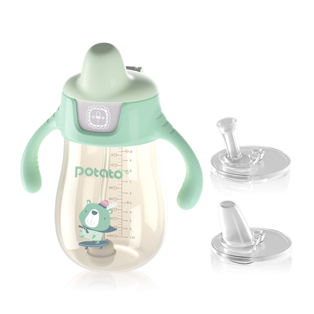 POTATO sippy cup green 10oz leakproof bottle for mess-free travel.