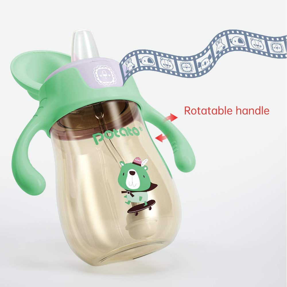 POTATO sippy cup green spout and straw types for ages 6–12 months and up.