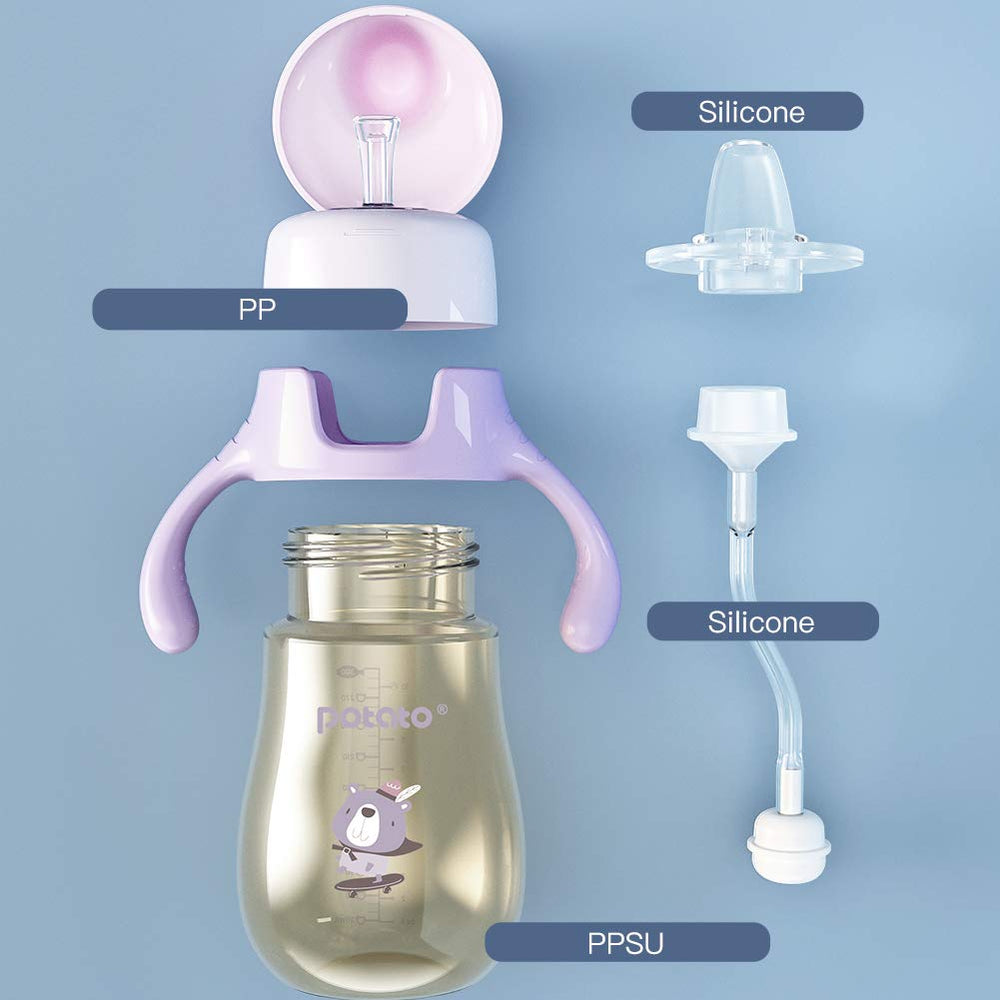POTATO Sippy cups oz-ml scale—clear hydration tracking for caregivers.