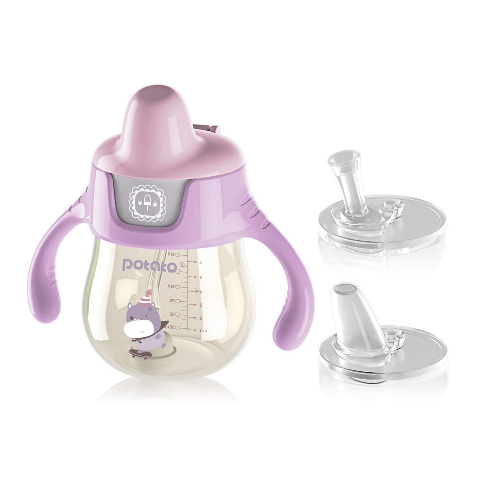 POTATO Sippy Cups pink straw front view—leak-free learning hydration for toddlers.