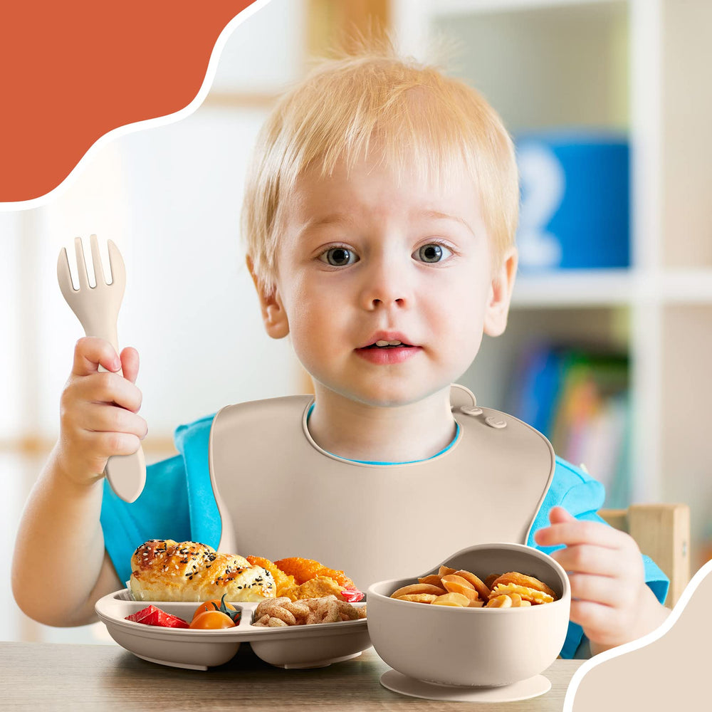 Potchen beige and orange mealtime setup encourages independent eating