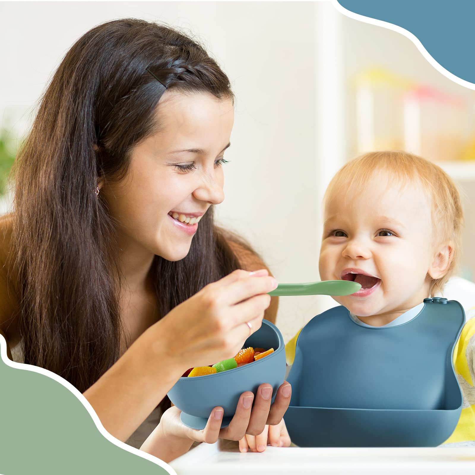 Potchen feeding set with catcher pocket helps catch drips for cleaner mealtimes