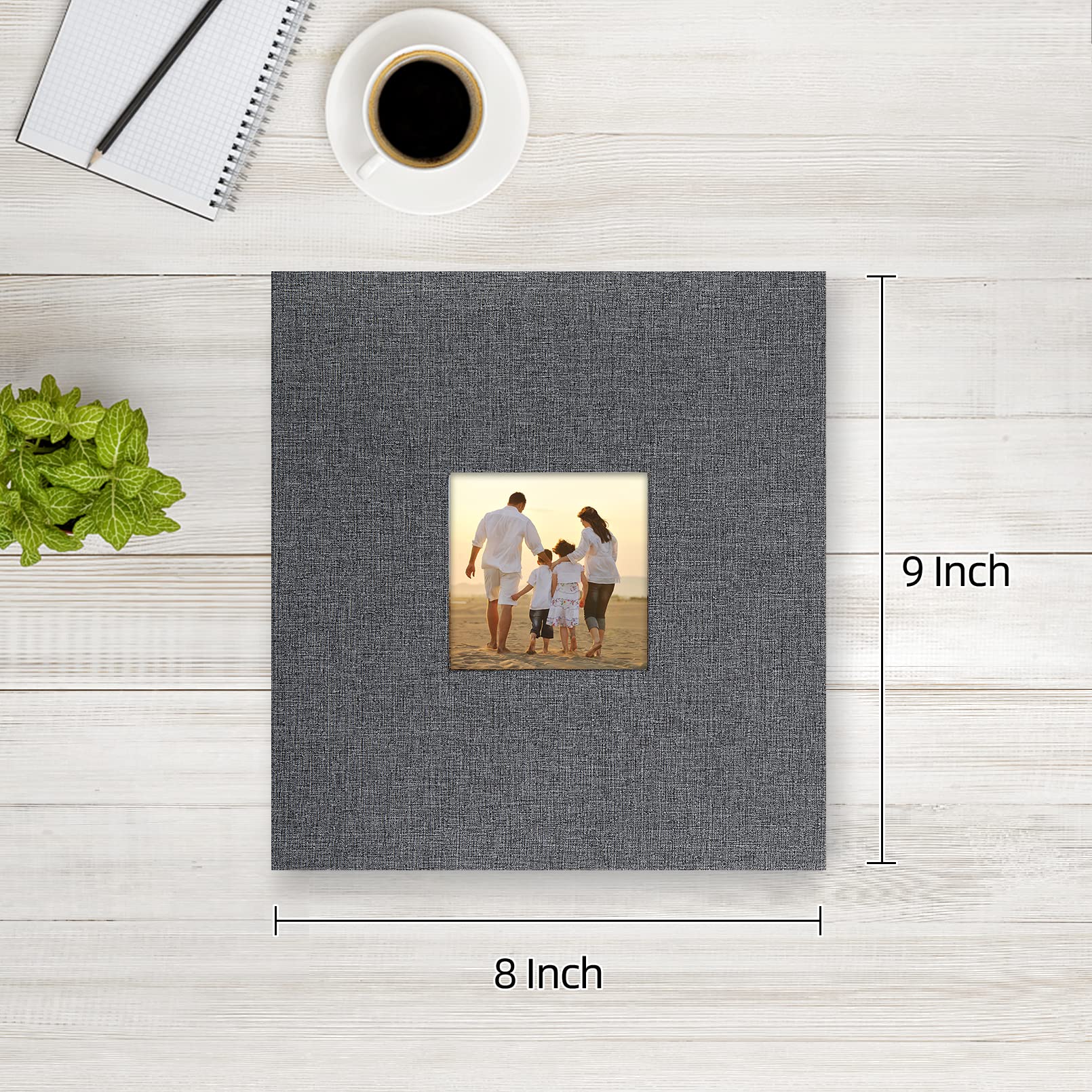 potricher photo album window design shows replaceable 3x3 inch photo window.