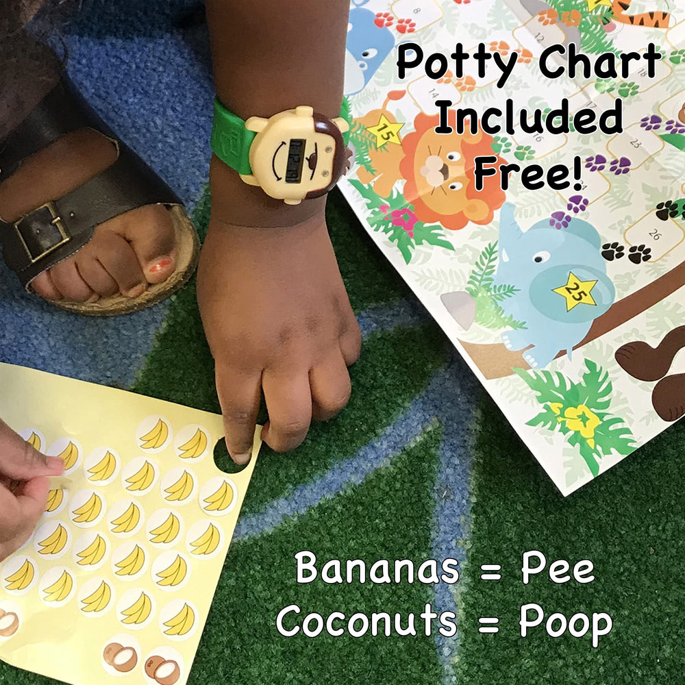 Potty Monkey Watch side view showing countdown reminder and kid-friendly appeal.