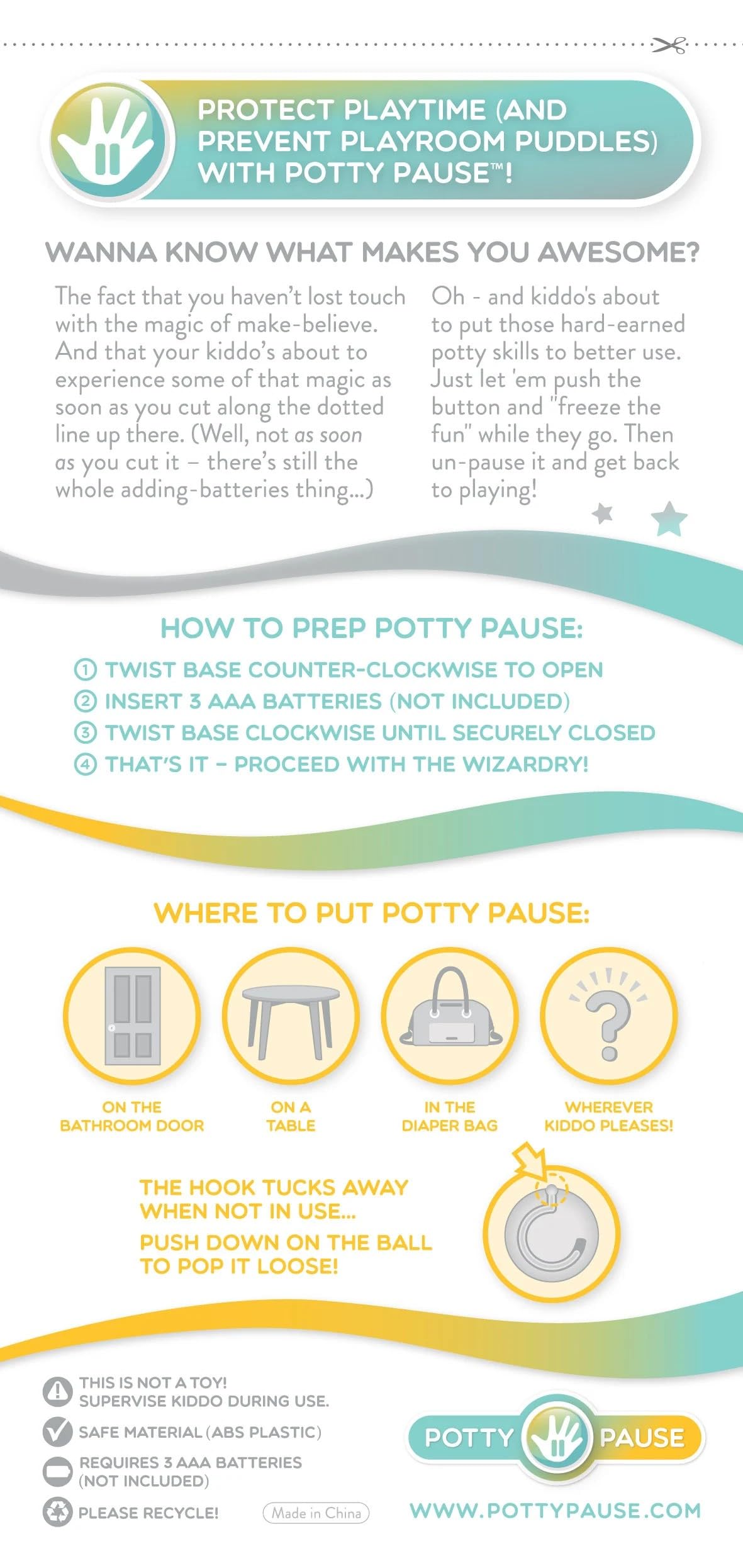 Potty Pause Aqua battery compartment requires three AAA batteries