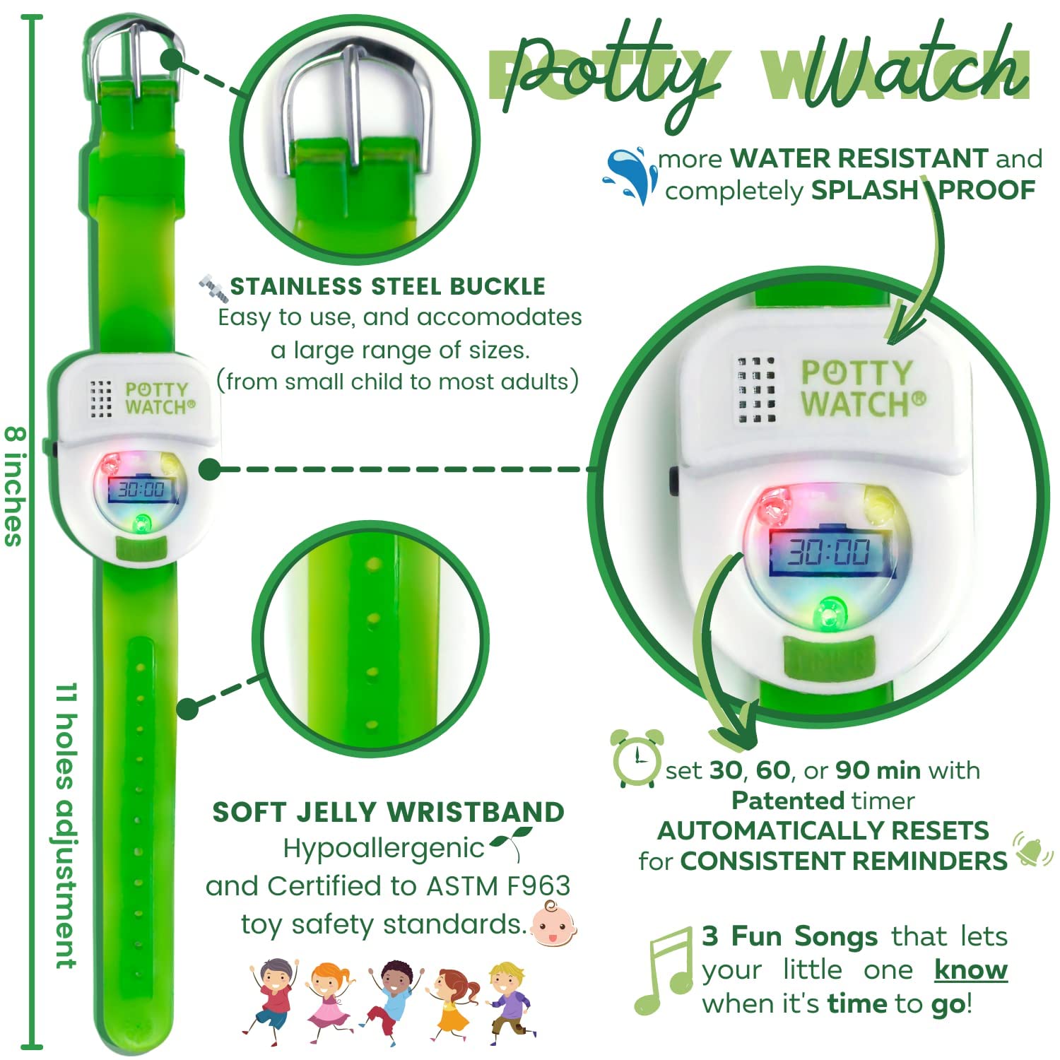 POTTY TIME battery replacement kit keeps the watch ready for ongoing use.