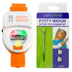 Potty Time Orange Potty Watch on the wrist with flashing reminders.