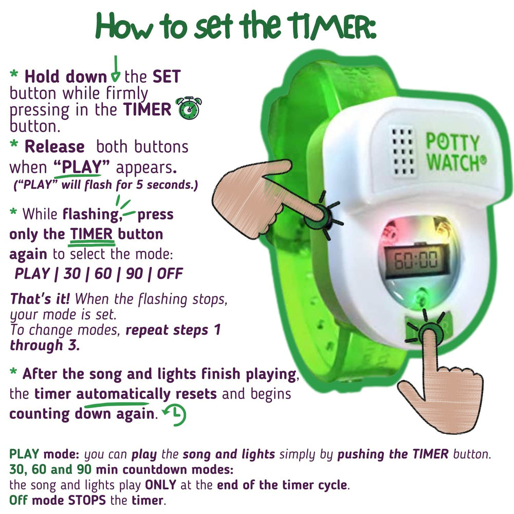 POTTY TIME potty-watch shows 60-minute timer for flexible routines.