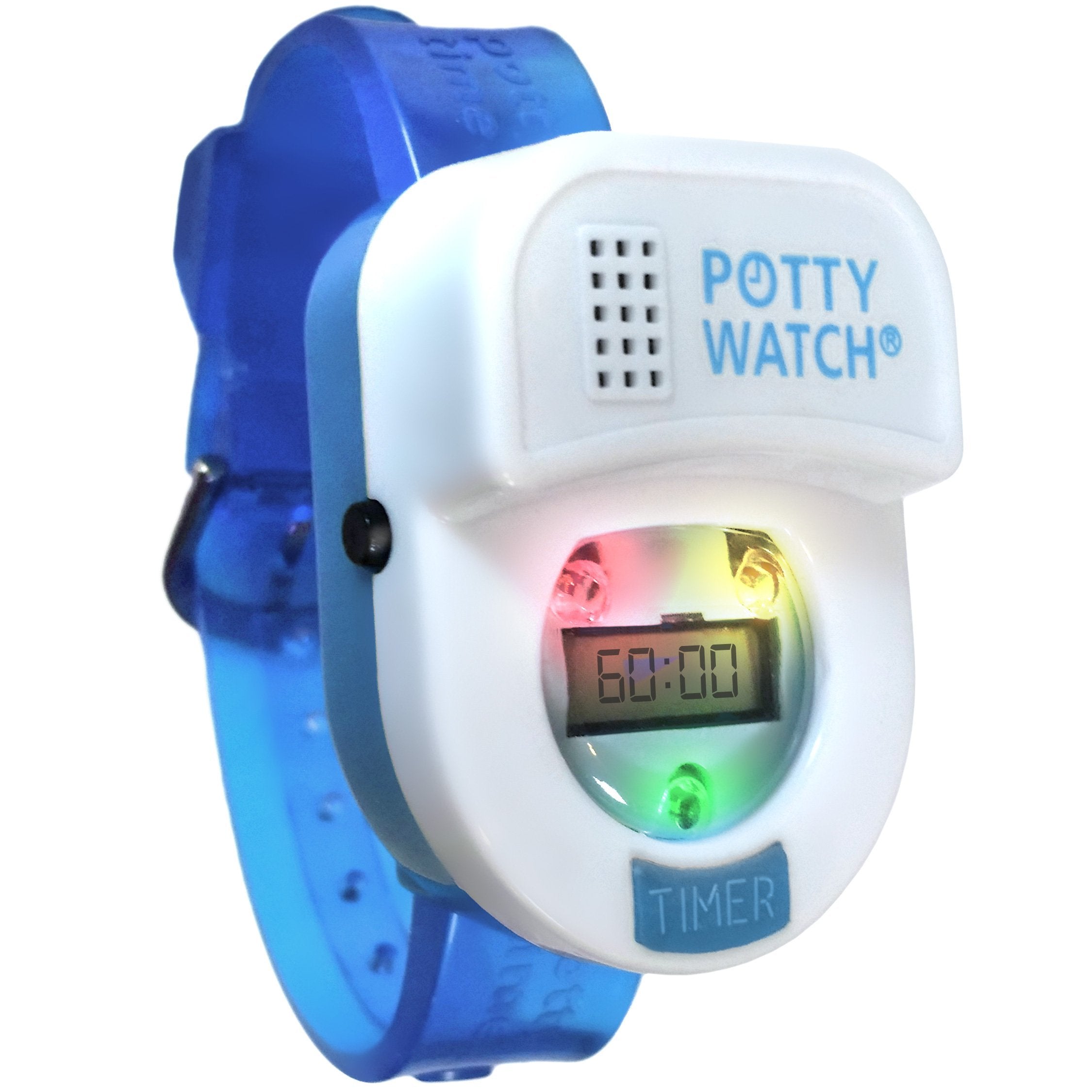 Potty Time Potty Watch blue front view cues potty breaks with flashing lights.