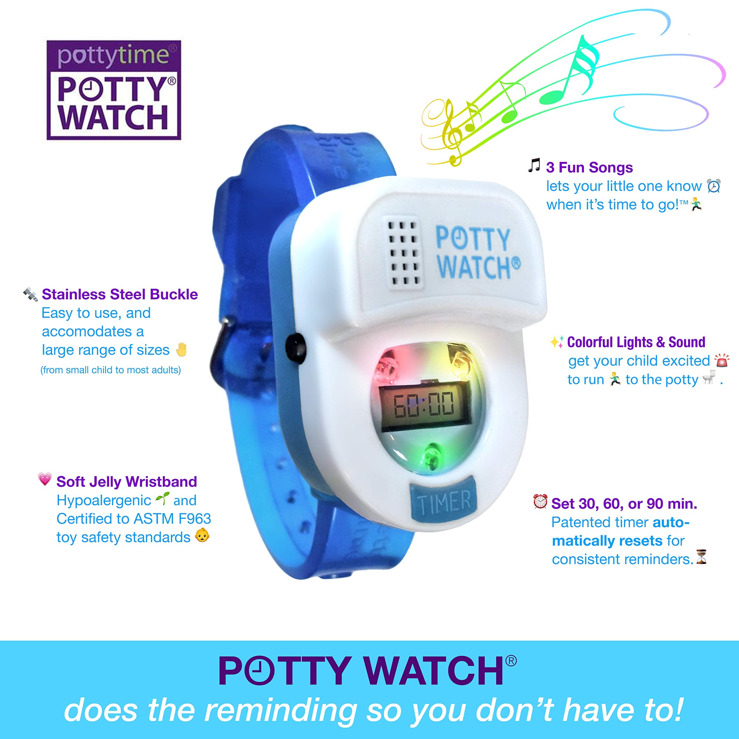 Potty Time Potty Watch blue side view shows adjustable strap for comfort.
