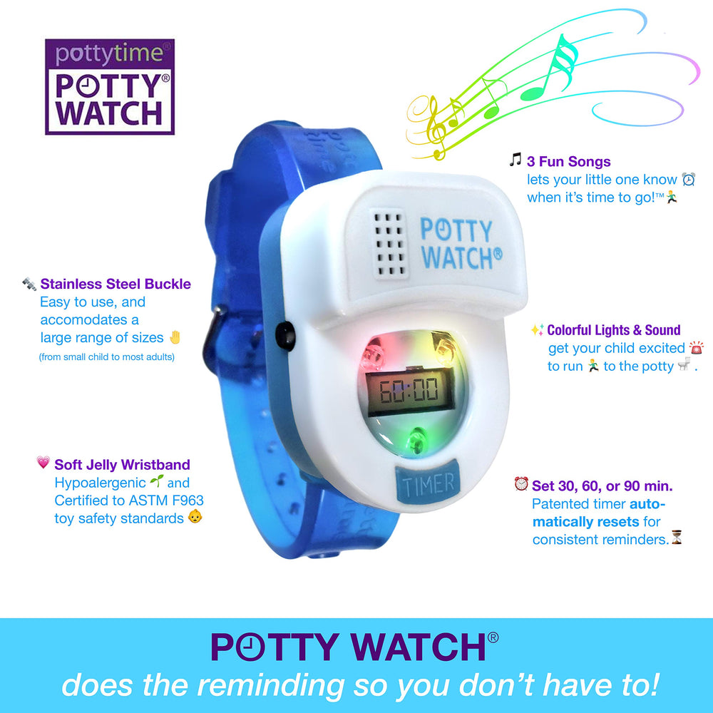 Potty Time Potty Watch blue side view shows adjustable strap for comfort.
