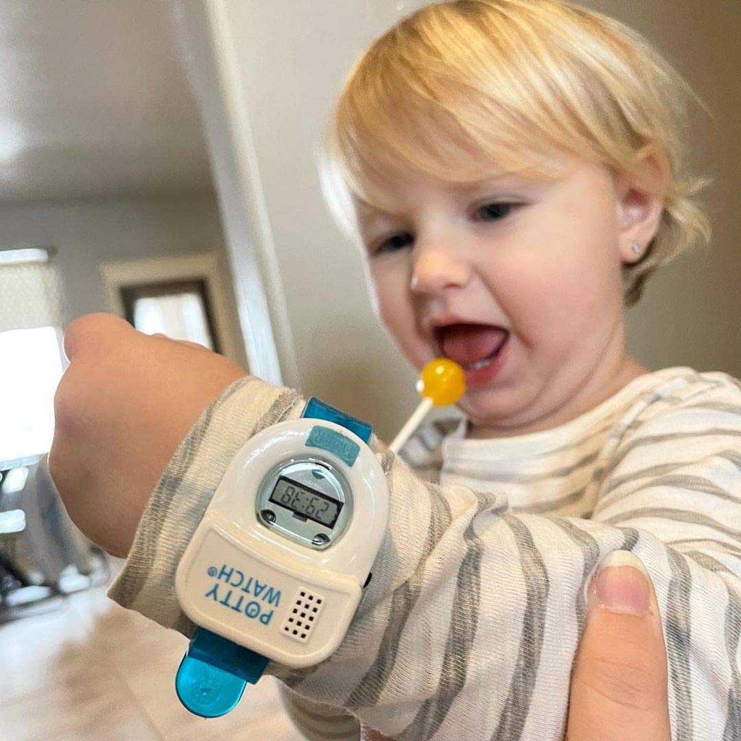 Potty Time Potty Watch blue water-resistant body withstands daily play.