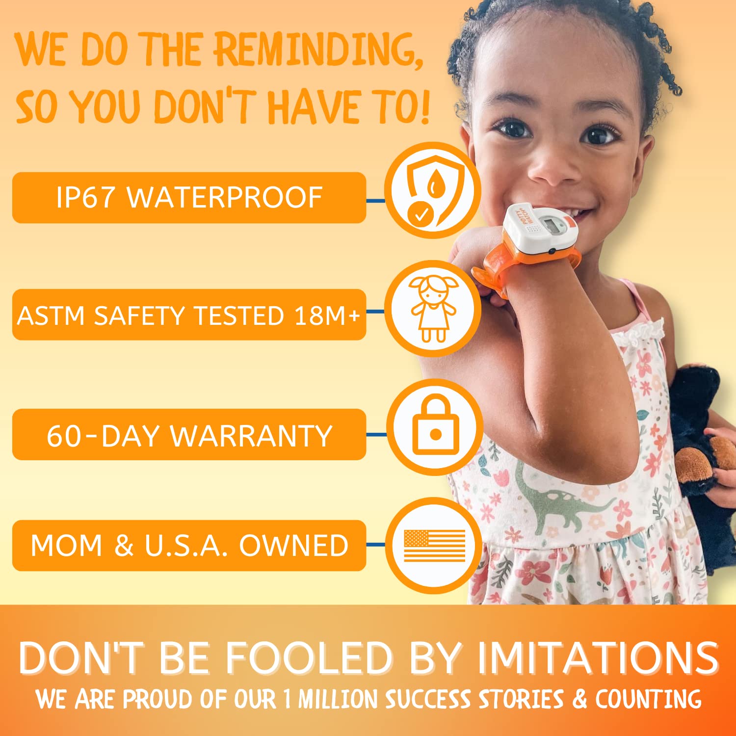 POTTY TIME Potty Watch orange side view highlights adjustable strap.