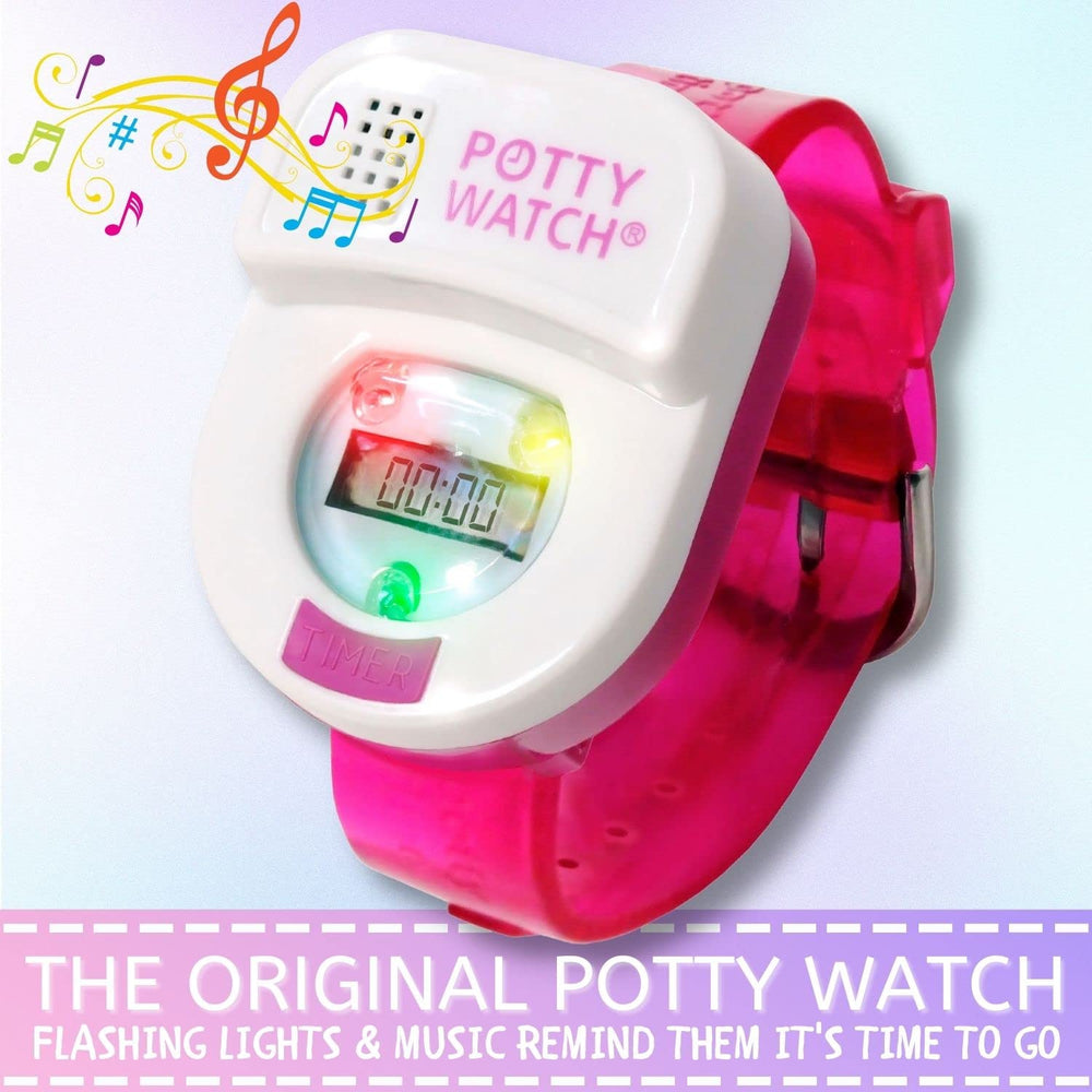 POTTY TIME potty watch pink kid-using during potty training demonstrates use.