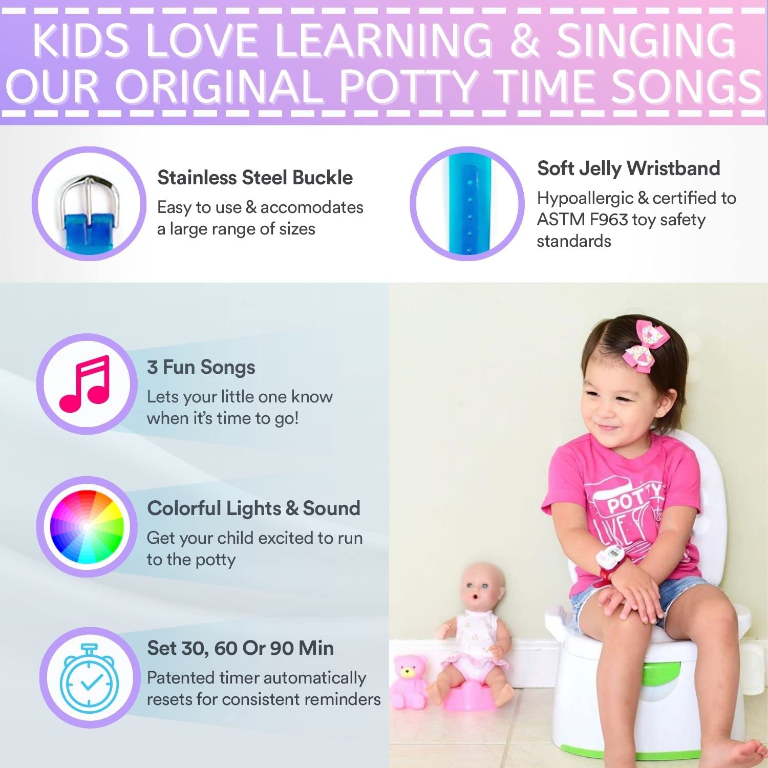 POTTY TIME potty watch pink music mode supports sing-along potty time for kids.