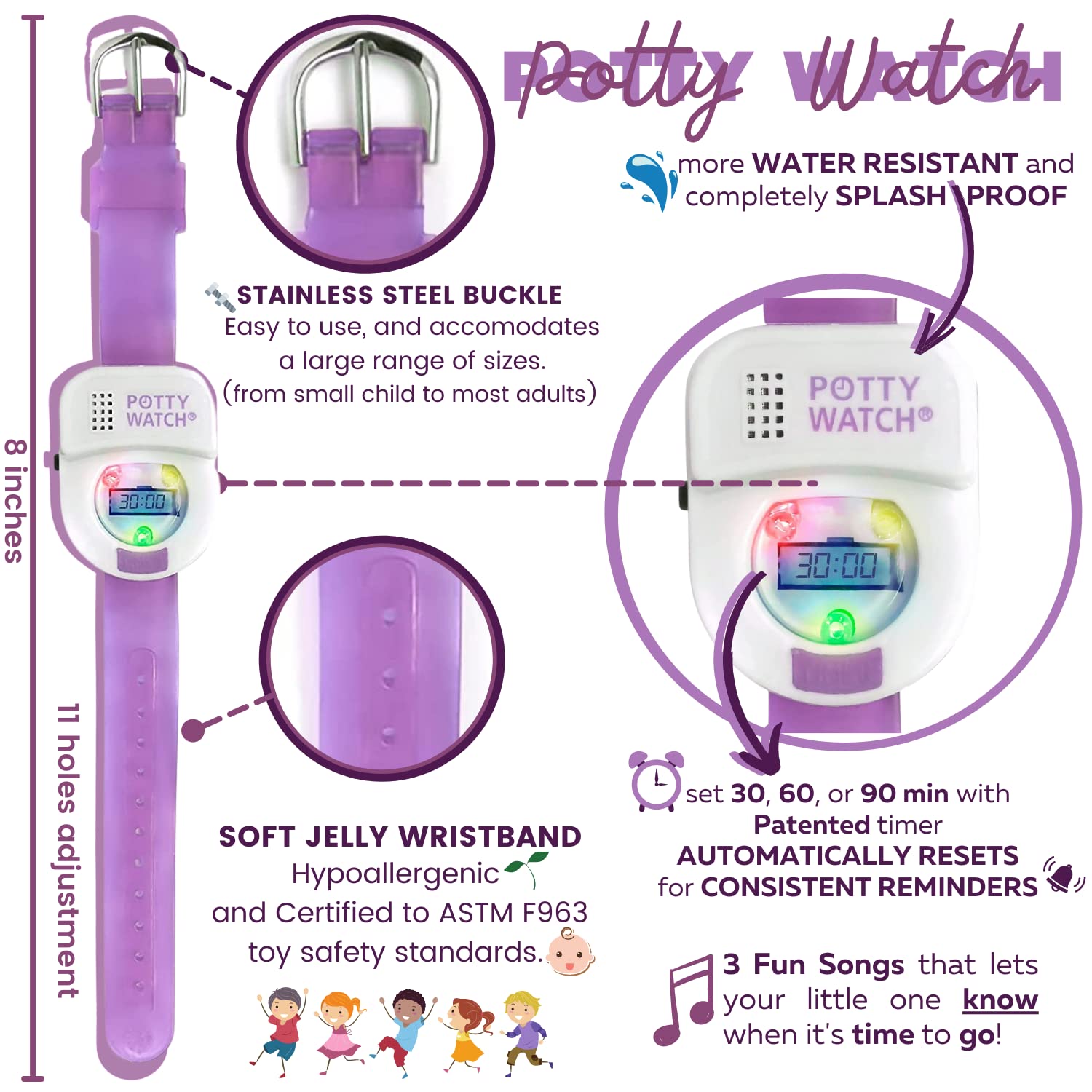 POTTY TIME Potty Watch purple wrist view with adjustable strap aiding potty scheduling