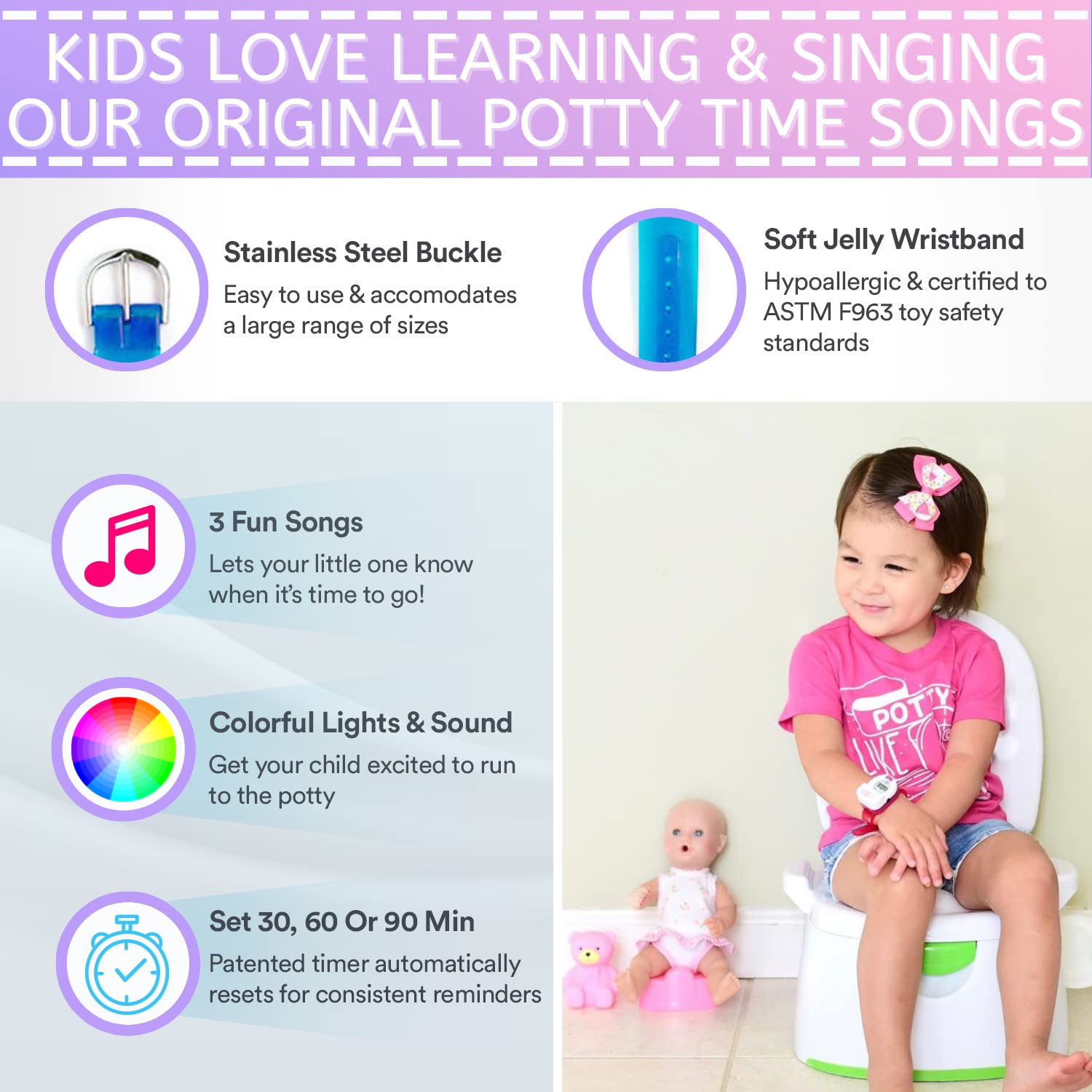 Potty Time Potty Training Watch 30-minute timer in action supports consistent potty routines.