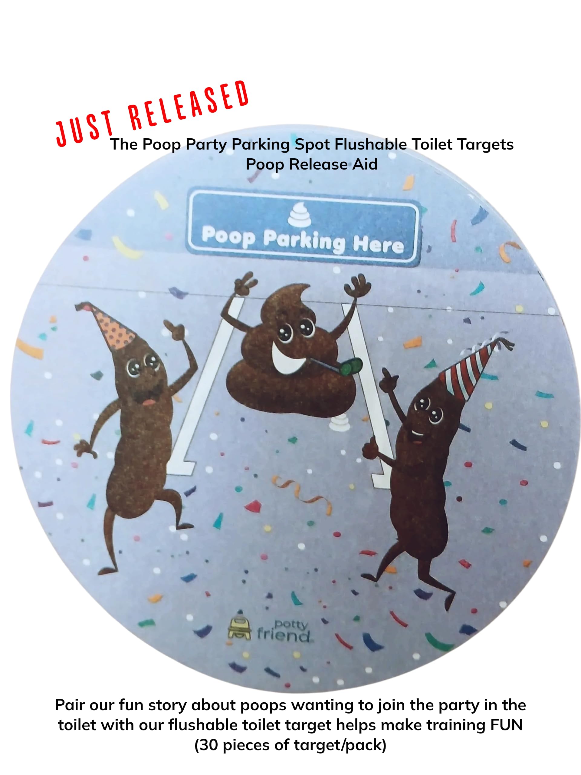 PottyFriend Poop Party Target in-use toilet aid promotes confident releases during potty training.