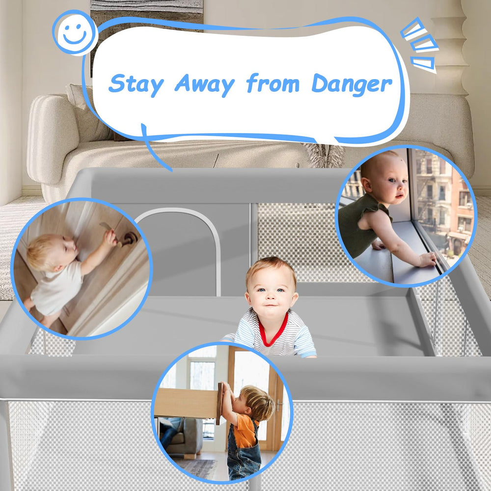 Poudee baby playpen gate-open image shows easy external zipper access.