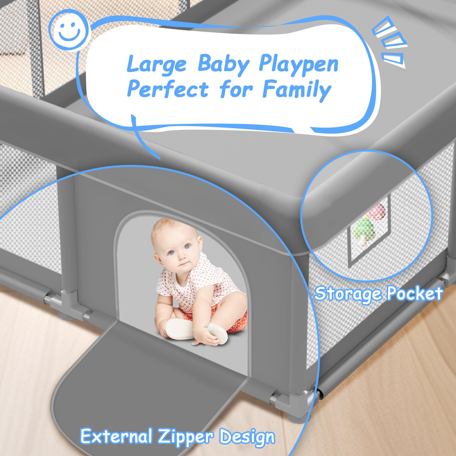 Poudee playpen bottom with non-slip suction cups stabilizes the setup.