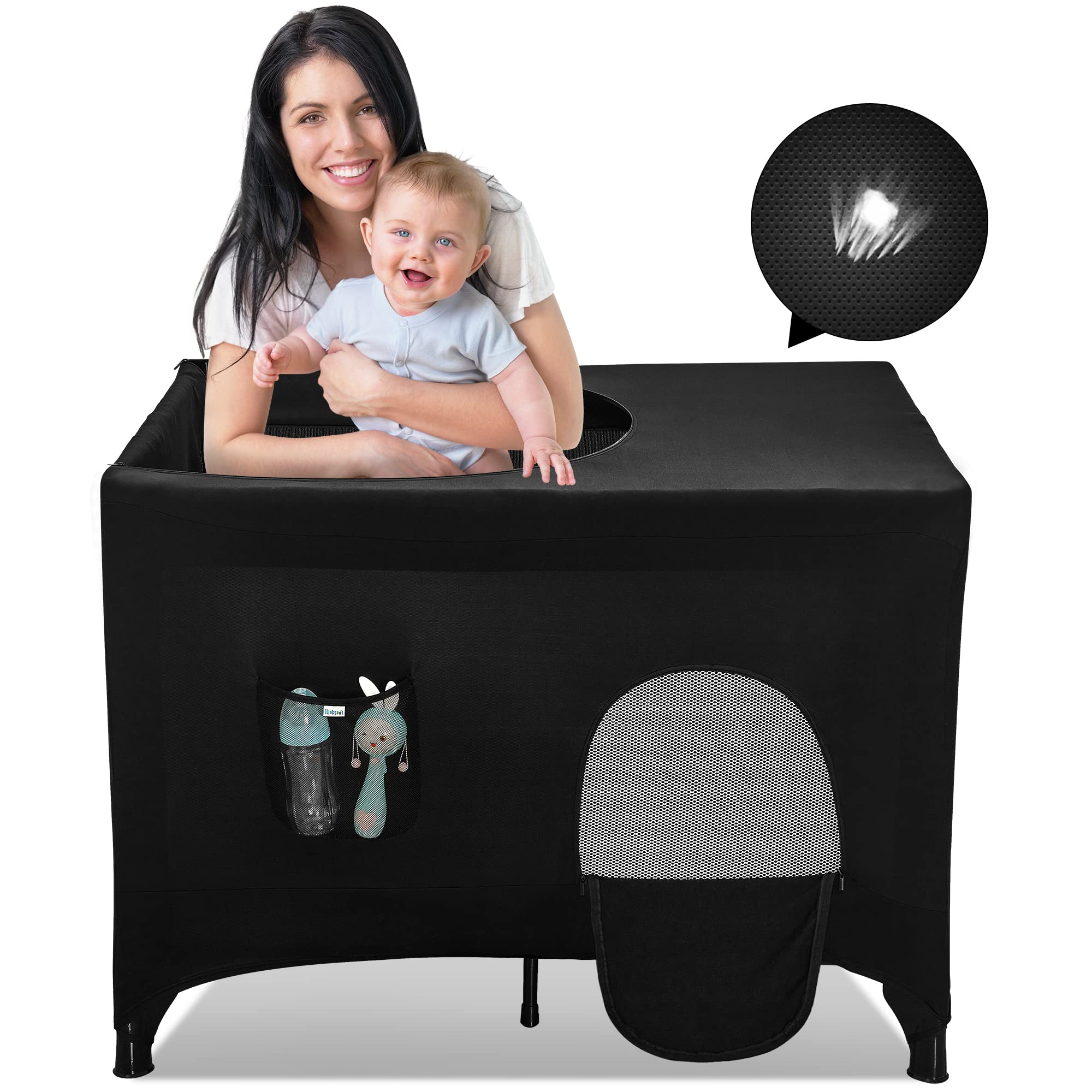 Poudee Pack n Play Blackout Cover front view blocks light for easier naps