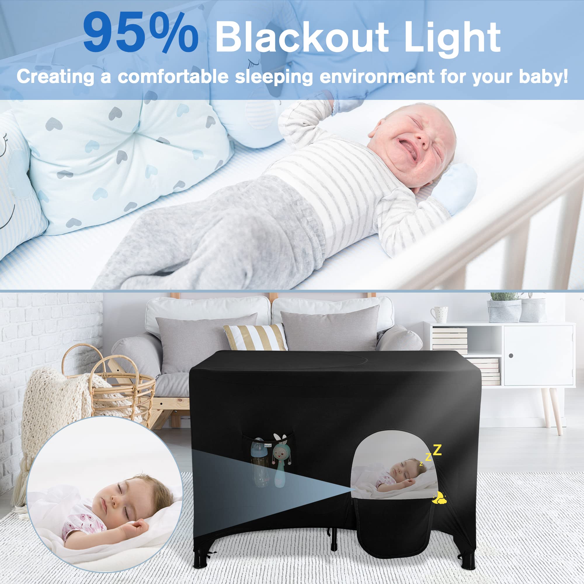 Poudee Pack n Play Blackout Cover mesh fabric promotes breathability for naps