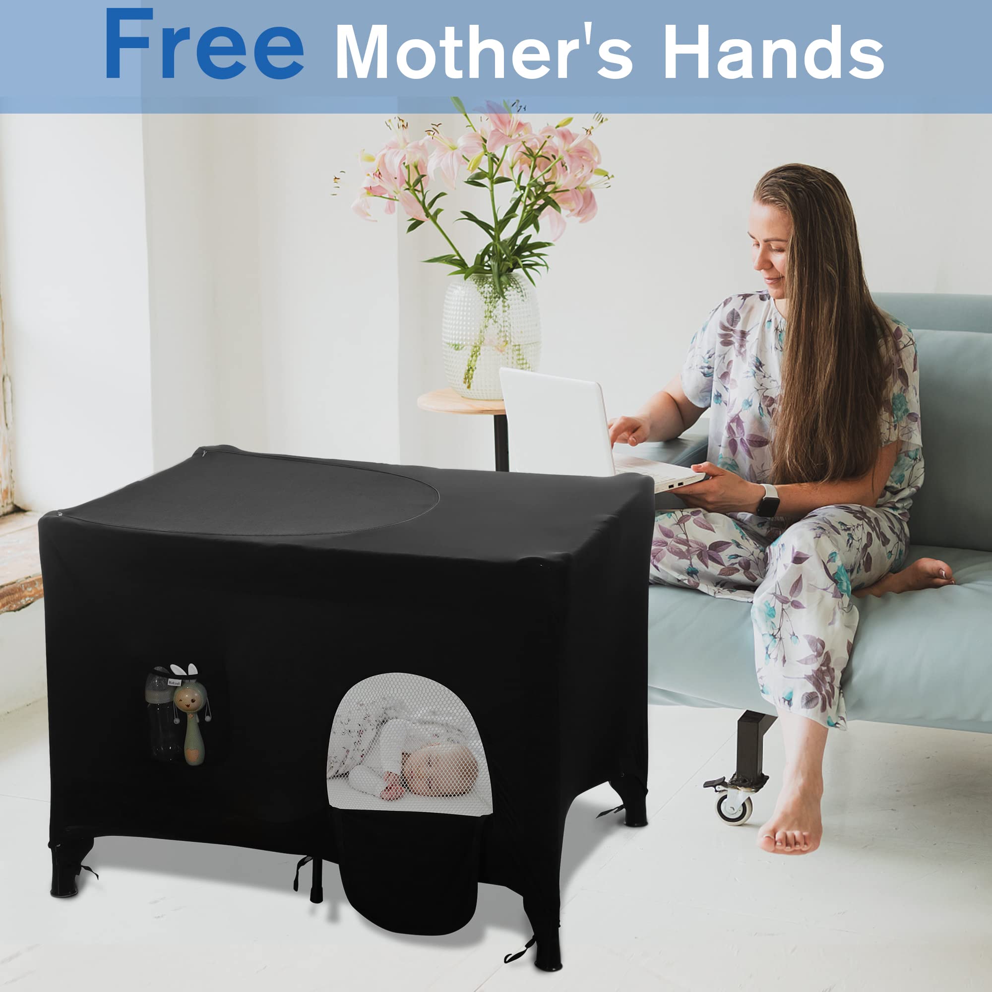 Poudee Pack n Play Blackout Cover top panel provides easy baby access while keeping darkness