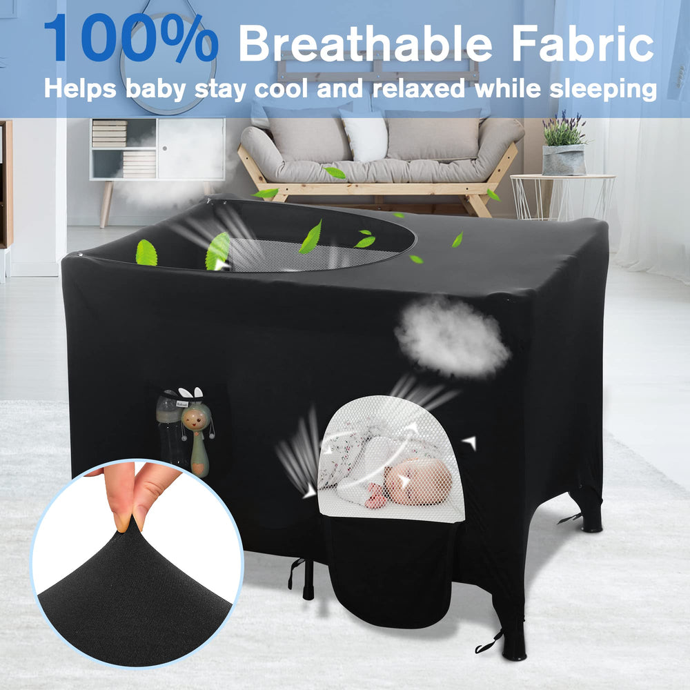 Poudee Pack n Play Blackout Cover zip panel shows adjustable brightness and quick access