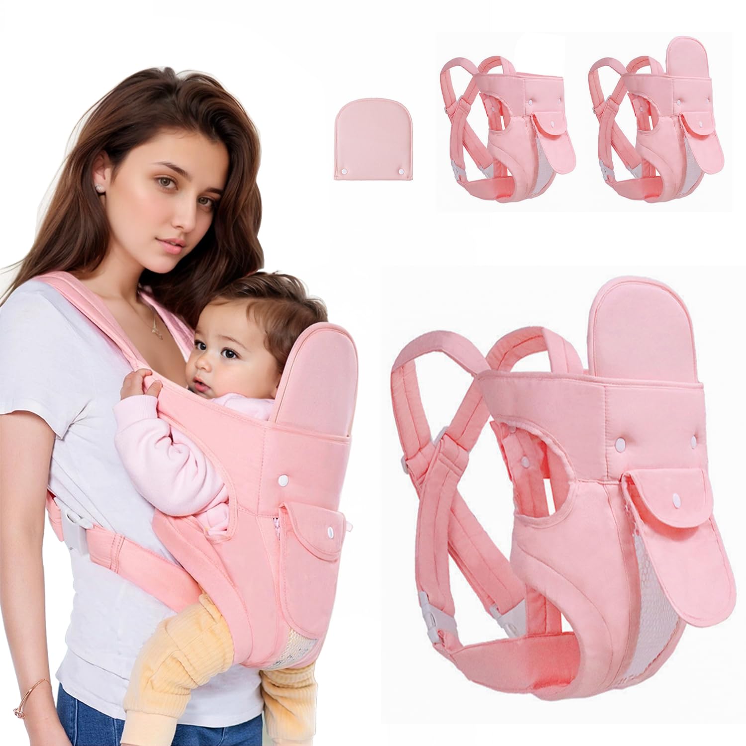 POVENK 4-in-1 carrier in pink shown in front carry for growing babies, versatile fit