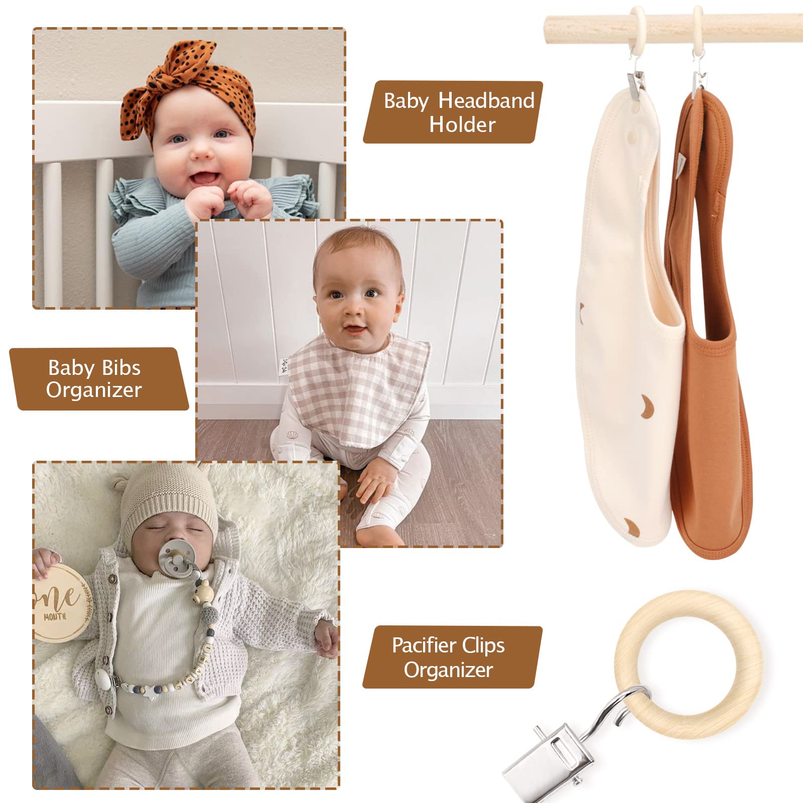 POVETIRE baby accessories organizer wood ring with clip