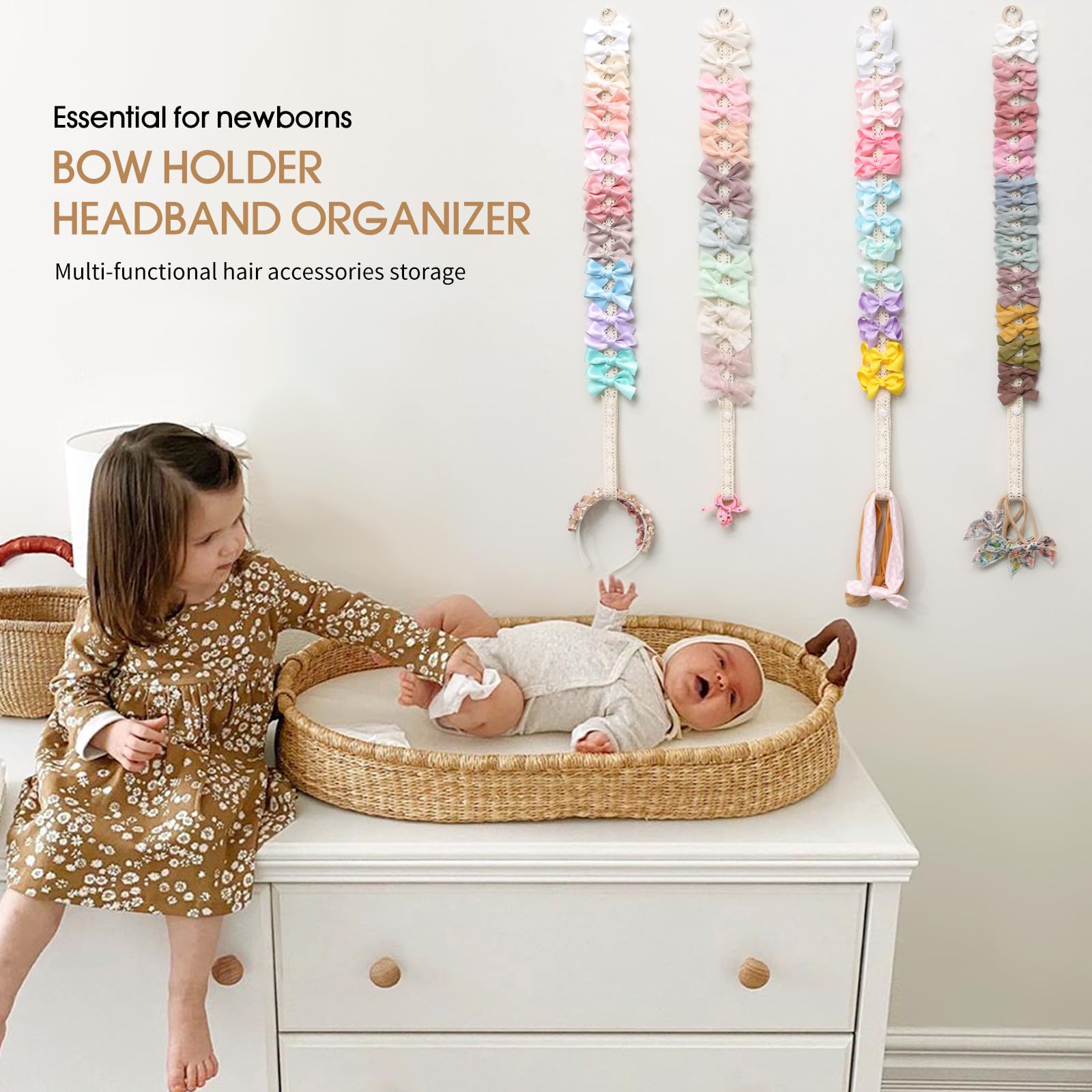 POVETIRE baby headband display with six holders organized for nursery decor.